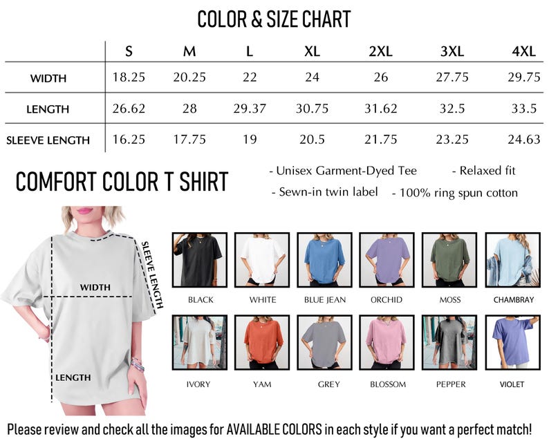 The image is a color and size chart for a comfortable color t-shirt, showing different styles and their corresponding measurements.