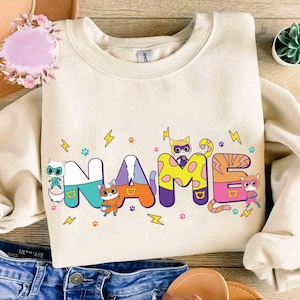 Shirt gepersonaliseerd Super Kitties-personage, aangepaste naam Super Kitties-shirt voor kinderen, shirt Super Kitties Brave and Kind, T-shirt Super Cat Sparks