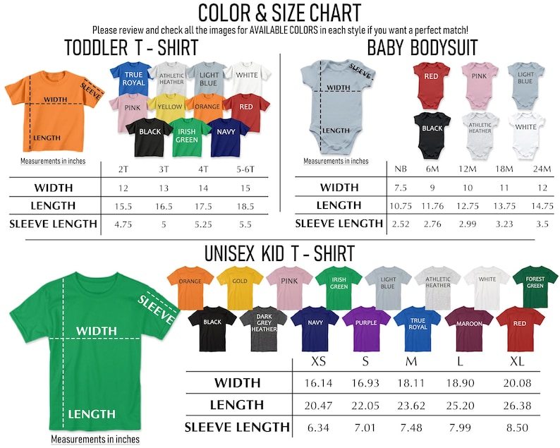 The image is a color and size chart that provides measurements and corresponding styles for a toddler t-shirt and a baby bodysuit. The chart includes images of the t-shirt and bodysuit in various colors and styles, along with corresponding measurements and corresponding styles. The chart is designed to help customers find the perfect match based on their color preferences and desired style.