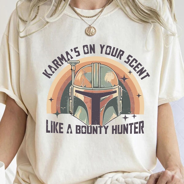 Star Wars vintage Karma Is On Your Scent Chemise de chasseur de primes, T-shirt Galaxy's Edge, Chemises assorties pour la famille Disneyland, Chemise Magic Kingdom