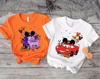 Disney Halloween Cars Lightning McQueen and Tow Mater Mickey Cap Shirt, Spooky Balloon Pumpkin Halloween,Disneyland Halloween Matching Shirt
