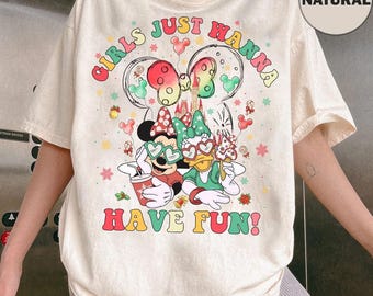 Girls Just Wanna Have Fun Minnie and Daisy Shirt, Disney Girls Trip Christmas Tee, Disney Xmas Trip Tee, Disneyland Castle Bow Tee