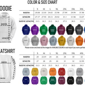 The image is a color and size chart for hoodies and sweatshirts, displaying various sizes and colors along with corresponding measurements in inches.