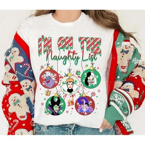 Disney Bösewichte Ich bin auf der frechen Liste Weihnachtshemd, Böse Königin Maleficent Ursula Grausam Weihnachtslichterballhemd, Disney-Weihnachtshemden
