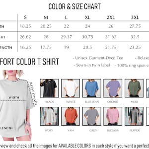 The image is a color and size chart for a comfortable color t-shirt, showing different styles and their corresponding measurements.