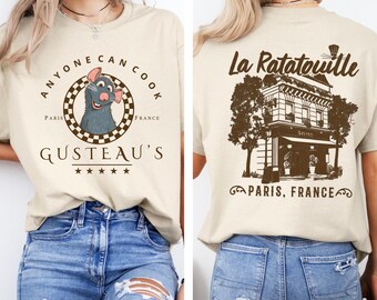 Camiseta de Ratatouille Remy Chef de doble cara "Cualquiera puede cocinar", Camiseta vintage de restaurante Disney Pixar Ratatouille París, Francia, Camiseta familiar Disney