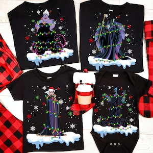 Disney Bösewichte Böse Königin Hades Maleficent Ursula Santa Kostüm Weihnachtslichter und Schneeflocke Shirt, Disneyland Weihnachten Passende Shirts