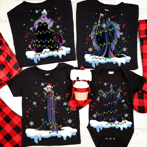 Disney Villains Evil Queen Hades Maleficent Ursula Santa Costume Christmas Lights and Snowflake Shirt, Disneyland Christmas Matching Shirts