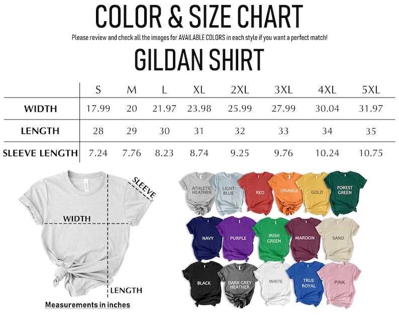 The image is a color and size chart for a gildan shirt, which includes measurements for different sizes and a variety of colors.
