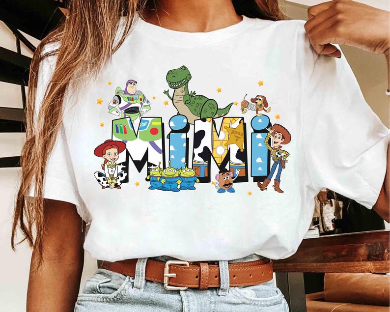 Camiseta personalizada com nome da Toy Story, camiseta personalizada da Disney Pixar Toy Story com Buzz, Woody e Jessie Rex, camiseta para pais e mães, camiseta infantil personalizada com nome. imagem 5