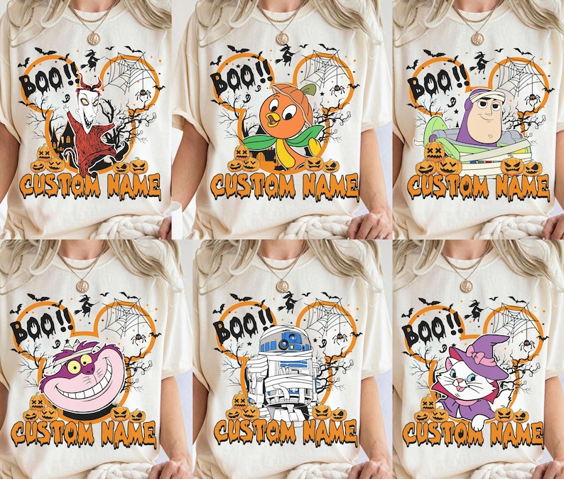 May include: A cream-colored t-shirt featuring six distinct Halloween-themed graphic designs. Each design includes a character, a spider web, bats, pumpkins, the text BOO!!, and a space for a custom name in orange, dripping, spooky-style lettering.