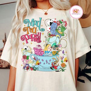 Vintage Mad Tea Party Disney Alice in Wonderland Shirt, Floral Alice Mad Hatter Cheshire Cat Caterpillar Shirt, Disneyland Matching Shirt