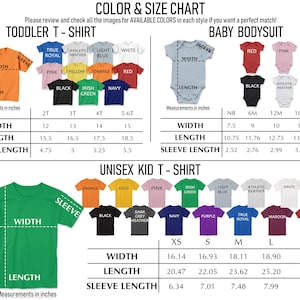 The image is a color and size chart that provides measurements and corresponding styles for a toddler t-shirt and a baby bodysuit. The chart includes images of the t-shirt and bodysuit in various colors and styles, along with corresponding measurements and corresponding styles. The chart is designed to help customers find the perfect match based on their color preferences and desired style.