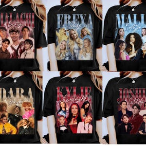 May include: Black t-shirts featuring vintage-style graphics of various celebrities. Each shirt displays a name in a stylized font above a collage of images. The shirts are worn by a person.