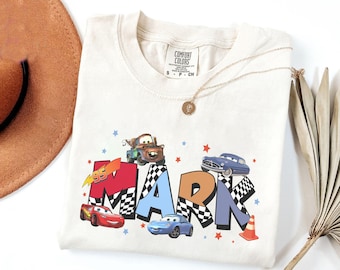 Camiseta personalizada con nombre de personajes de Cars, Rayo McQueen de Disney, Mater, Hudson, para niños, vacaciones personalizadas en Epcot para niños