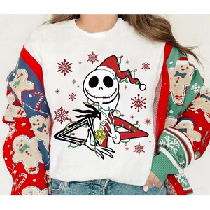 Disney The Nightmare Before Christmas Characters Xmas Lights Shirt, Jack Skellington and Sally Christmas Couple Shirt, Disneyland Xmas Tee image 2