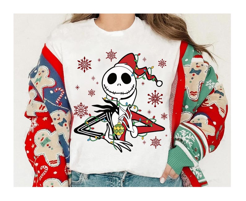 Disney The Nightmare Before Christmas Characters Xmas Lights Shirt, Jack Skellington and Sally Christmas Couple Shirt, Disneyland Xmas Tee image 2