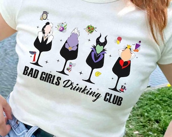 Camiseta personalizada del Club de Bebidas de Villanos Disney Chicas Malas Chicos Malos, Club de Brujas Malas Maléfica Úrsula Cruella Hades Garfio, Viaje de Chicas Disney
