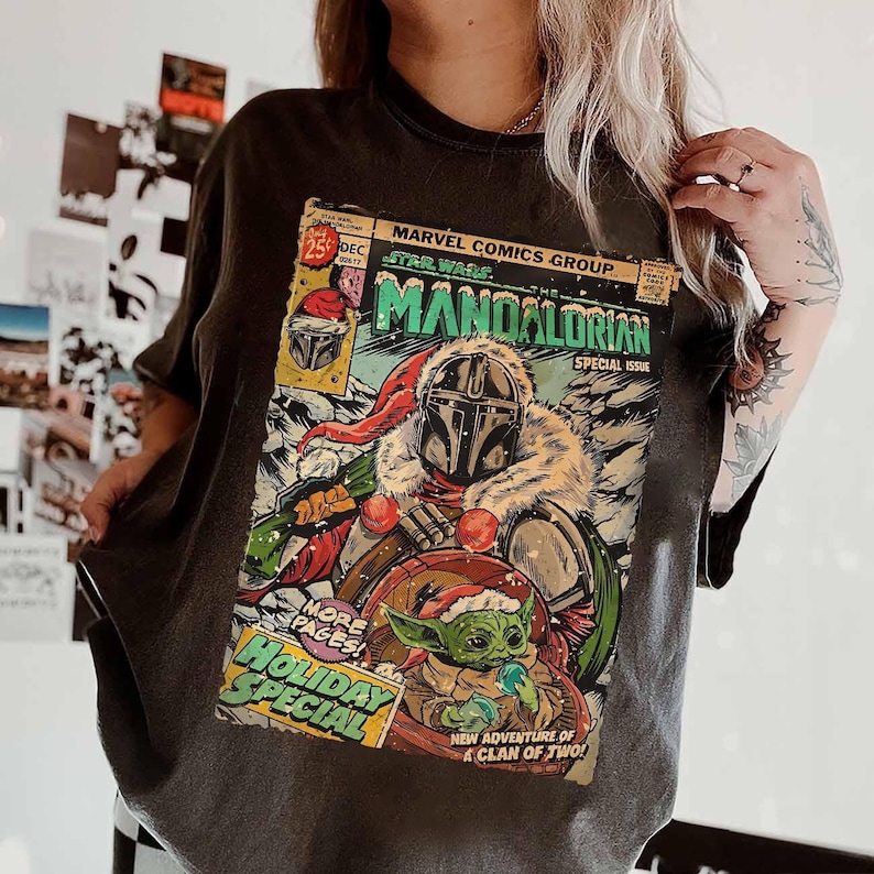 Star Wars The Mandalorian and Baby Yoda Christmas Comic Poster T-Shirt, Disneyland Christmas Matching Family Shirts, Mandalorian Holiday Tee image 1