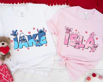 Custom Name Stitch and Angel Shirt, Personalized Disney Lilo and Stitch Matching Tee, Name Kids Shirt, Custom Boy Shirt, Epcot Vacation