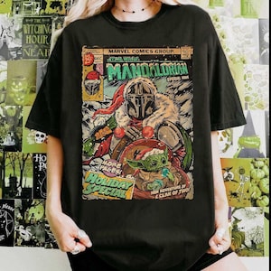 Star Wars The Mandalorian and Baby Yoda Christmas Comic Poster T-Shirt, Disneyland Christmas Matching Family Shirts, Mandalorian Holiday Tee image 2