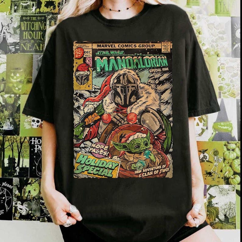 Star Wars The Mandalorian and Baby Yoda Christmas Comic Poster T-Shirt, Disneyland Christmas Matching Family Shirts, Mandalorian Holiday Tee image 2