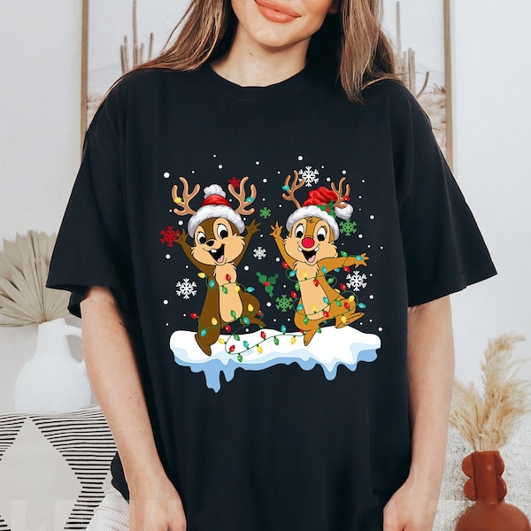 Disney Chip And Dale Chipmunk Christmas Lights Shirt, Cute Christmas Couples Shirt, Disneyland Matching Christmas Group Squad Shirts