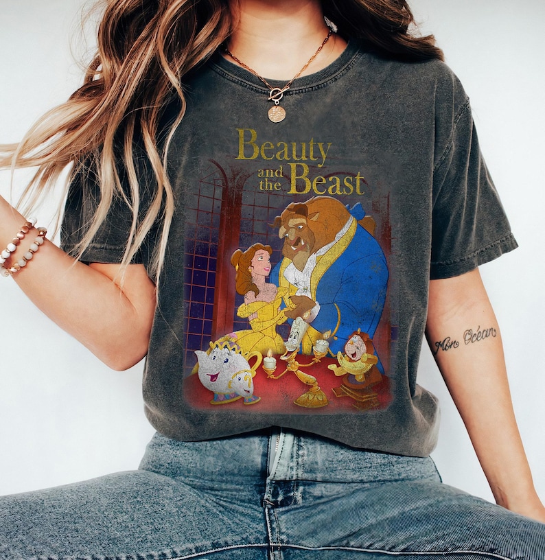 Disney Beauty And The Beast Distressed Vintage Group Shot T-Shirt, Magic Kingdom, Disneyland Family Matching Shirts, Walt Disney World Tee image 1