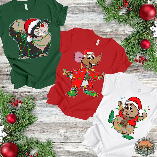 Disney Cinderella Group Matching Christmas Lights Shirt, Santa Gus Jaq and Lucifer Christmas Portrait Shirt, Disneyland Xmas Family Shirts