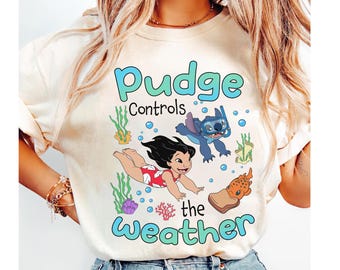 Camiseta de Disney Lilo y Stitch, Camiseta Pudge Controla el Clima, Linda Camiseta Hawaiana de Pudge y el Pez, Ohana Significa Regalo Familiar, Camiseta de Viaje a Disney