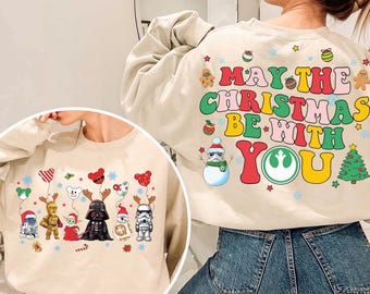 2-sided Vintage Star Wars Christmas shirt, May The Christmas Be With You Galaxy's Edge Shirt, Darth Vader Stormtrooper R2D2 C3PO Xmas Shirt
