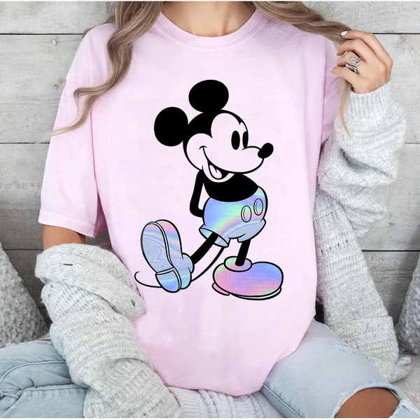 Disney Mickey Classic Holographic Mickey Mouse T-Shirt, Disneyland Family Matching Tee, Disneyworld Trip Unisex Adult T-Shirt Kid T-Shirt