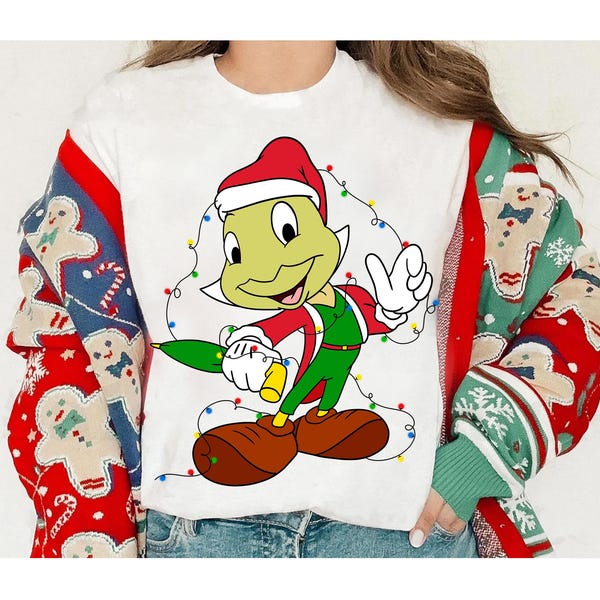 Disney Pinocchio Jiminy Cricket Christmas Lights Santa Hat Shirt, Disney Christmas Family Matching Shirt, Disneyland Trip Christmas Outfits