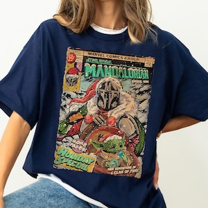 Star Wars The Mandalorian and Baby Yoda Christmas Comic Poster T-Shirt, Disneyland Christmas Matching Family Shirts, Mandalorian Holiday Tee image 3