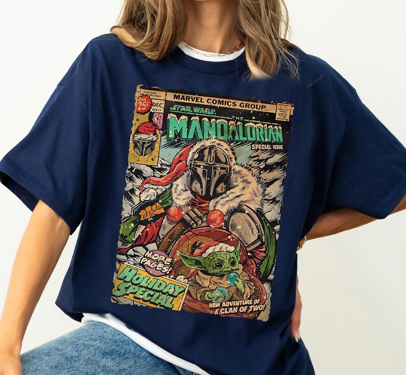 Star Wars The Mandalorian and Baby Yoda Christmas Comic Poster T-Shirt, Disneyland Christmas Matching Family Shirts, Mandalorian Holiday Tee image 3