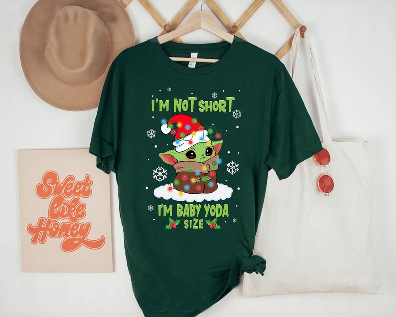Star Wars Baby Yoda I'm Not Short Santa Hat Christmas Lights Holiday T-shirt, Disneyland Christmas Matching Family Shirts, Christmas Squad image 3