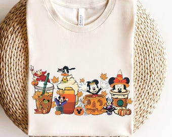 Disney Mickey and Friends Coffee Cup Pumpkin Spooky Balloon Halloween T-Shirt, Disney Fall Autumn Gift, Disneyland Halloween Matching Tee