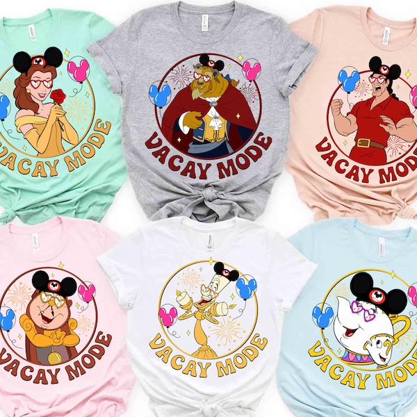 Retro 90s Disney Beauty and The Beast Characters Mickey Balloon Vacay Mode Shirt, Disney Summer Vibes Shirt, Disneyland Family Matching Trip