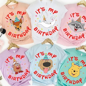 May include: Six short-sleeve t-shirts in peach, white, pink, lavender, light blue, and mint green. Each shirt features a cartoon character wearing a colorful party hat, surrounded by the red text "IT'S MY BIRTHDAY" and small confetti shapes.