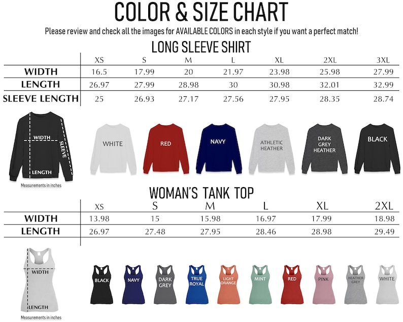 The image is a color and size chart that provides measurements and corresponding sizes for different styles of long sleeve shirts. It includes images of various styles of long sleeve shirts, such as XS, S, M, L, and XL, along with their corresponding widths and lengths. The chart also lists the available colors in each style, allowing customers to choose the perfect match for their preferences.