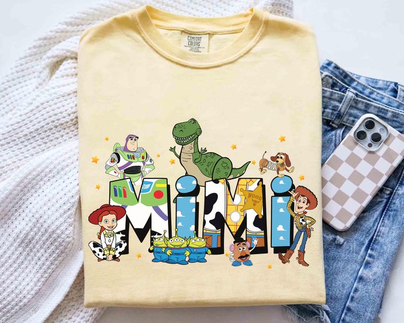 Camiseta personalizada com nome da Toy Story, camiseta personalizada da Disney Pixar Toy Story com Buzz, Woody e Jessie Rex, camiseta para pais e mães, camiseta infantil personalizada com nome. imagem 2