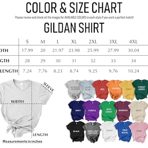 The image is a color and size chart for a gildan shirt, which includes measurements for different sizes and a variety of colors.
