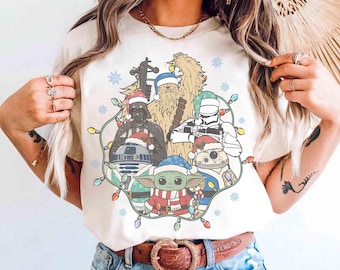 Camiseta navideña de Disney de grupo retro, camiseta navideña con luces de Star Wars, Darth Vader, Stormtrooper, Boba Fett, Navidad de Disney Galaxy's Edge