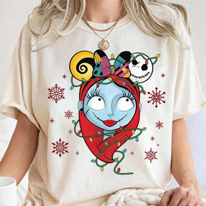Disney The Nightmare Before Christmas Characters Xmas Lights Shirt, Jack Skellington and Sally Christmas Couple Shirt, Disneyland Xmas Tee image 3