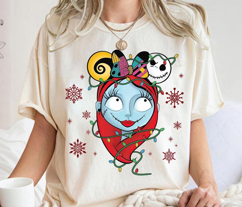 Disney The Nightmare Before Christmas Characters Xmas Lights Shirt, Jack Skellington and Sally Christmas Couple Shirt, Disneyland Xmas Tee image 3
