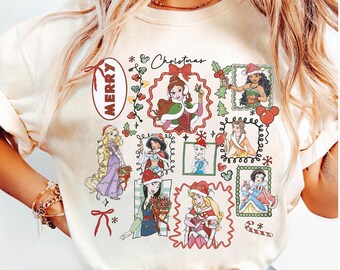 Camiseta retro de princesas Disney con lazo coqueto de Feliz Navidad, camiseta con luces navideñas del castillo de princesas Disney, Ariel, Bella, Mulan, Blancanieves