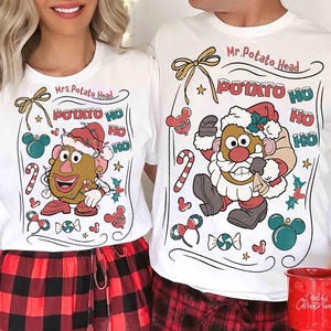 Retro Mr Potato Head, Mrs Potato Head Coquette Bow kerst-T-shirt, Potato Ho Ho Ho-shirt, Pixar Toy Story Xmas Tee, Disney-paar cadeau