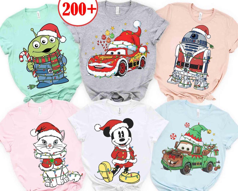 Disney Pixar Cars All Characters Christmas Lights shirt McQueen Sally Tow Mater Doc Hudson Mickey Stitch,Star Wars,Princess Xmas Lights Tee image 1