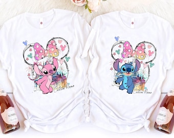 Camiseta personalizada de Disney Stitch y Ángel, camiseta de Minnie con lazo de Stitch, camiseta personalizada a juego de Lilo y Stitch, camiseta infantil con nombre, vacaciones en Epcot