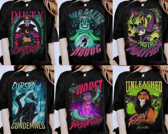 Camiseta de Halloween con personajes de villanos retro de Disney, camiseta de Maléfica, Scar, Úrsula, la Reina Malvada, Hades y el Dr. Facilier, camiseta para viaje a Disneyland.